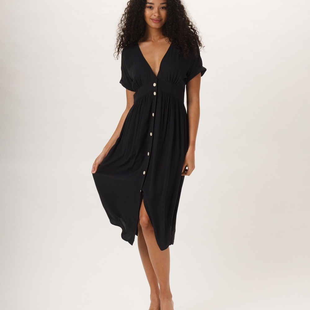 Deep V Button Thru Dress in Black